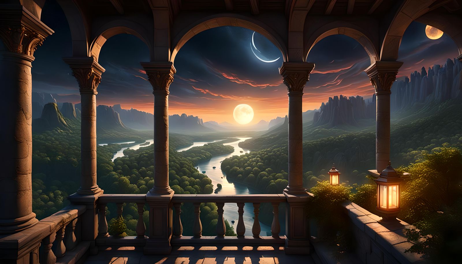 River Valley Sunset from Stone Balcony in Dark Fantasy Style
