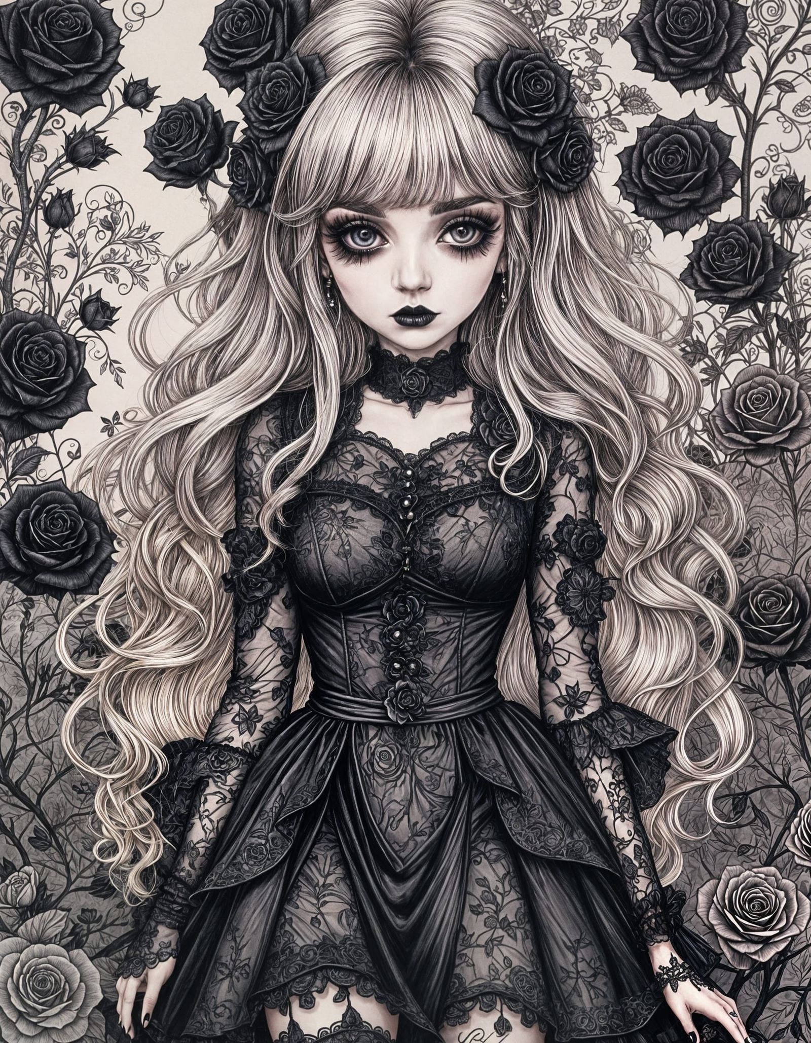 Gothic Lady in 1970s Pen Doodle Style