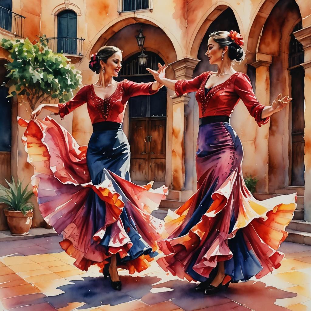 Flamenco Dancers in Fiery Courtyard: Art Nouveau Watercolor