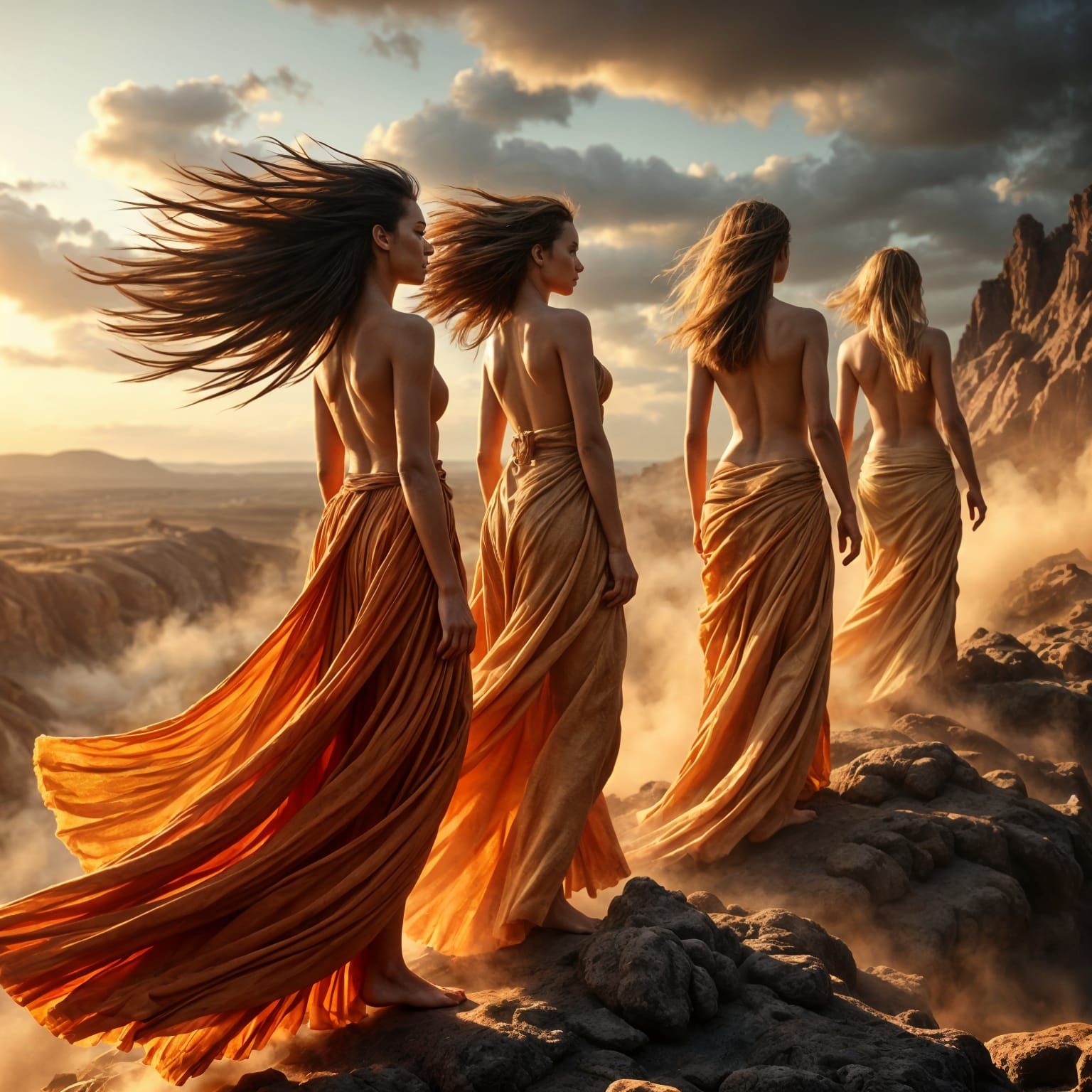 Hyper Realistic Windswept Goddesses in Molten Lava Style
