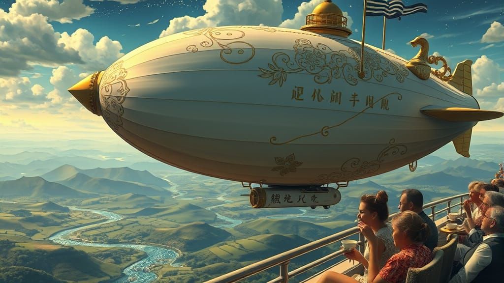 Whimsical Teapot Airship in Surreal Landscape