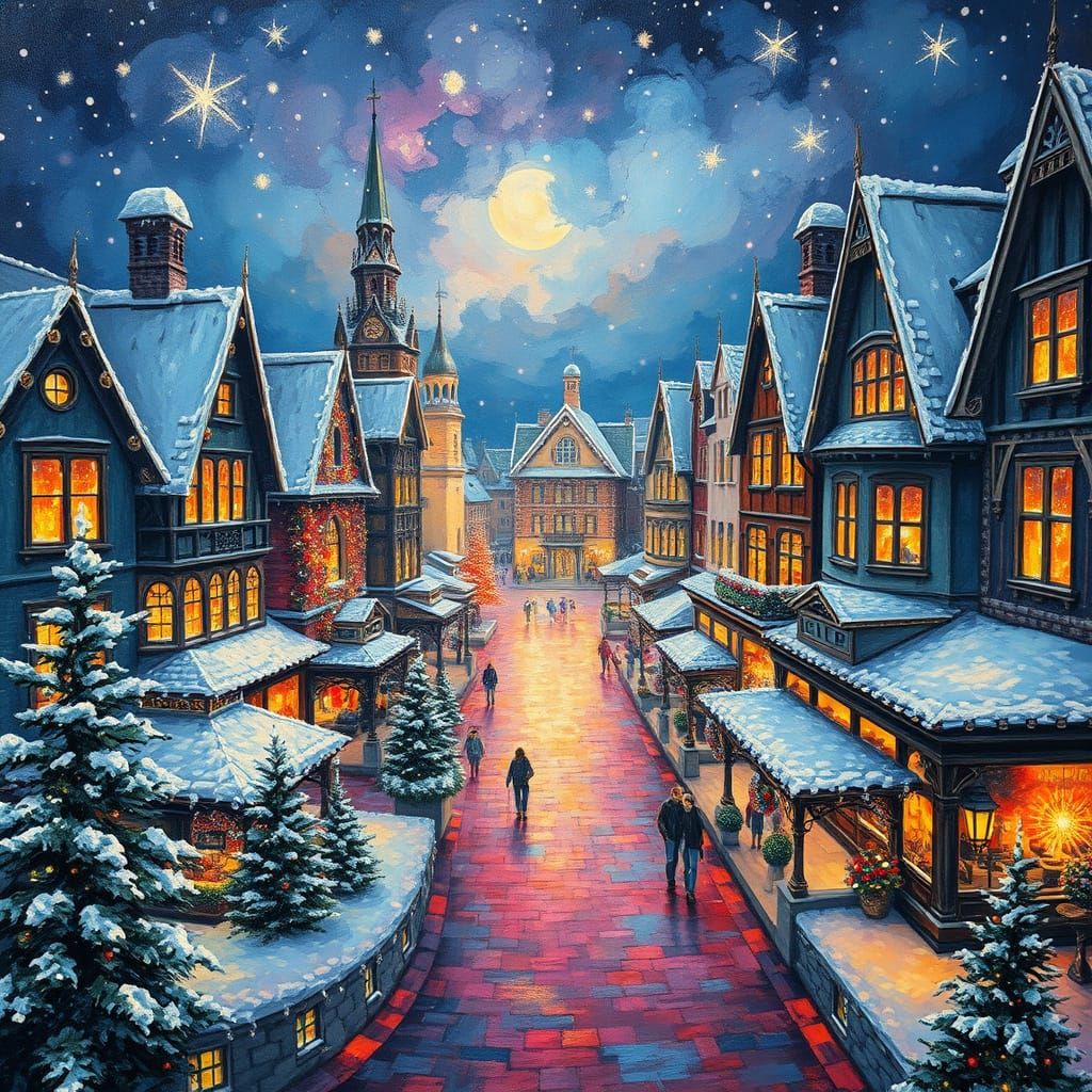 City Square in Gouache Style with Impasto Texture