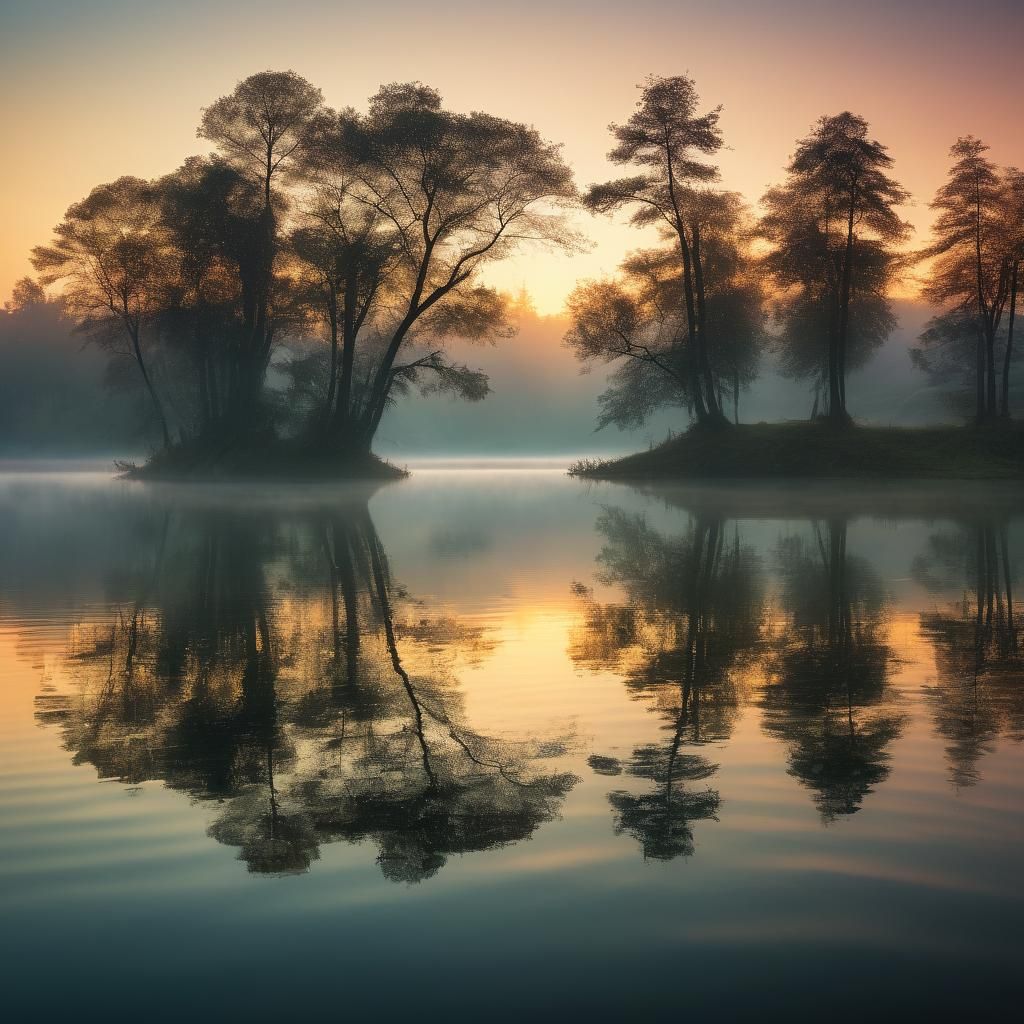 Serene Sunrise Reflection on Still Lake: Dreamy Photography