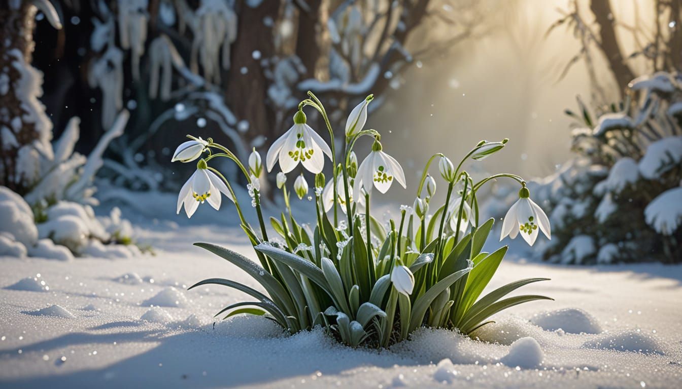 Galanthus Flowers Swaying in Spring Breeze, Surreal Oil Pain...
