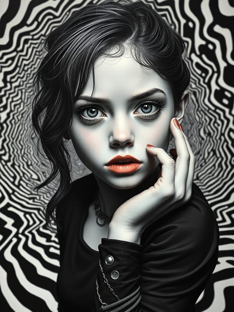 Trompe L'oeil Girl with Quadratura in Op Art Style