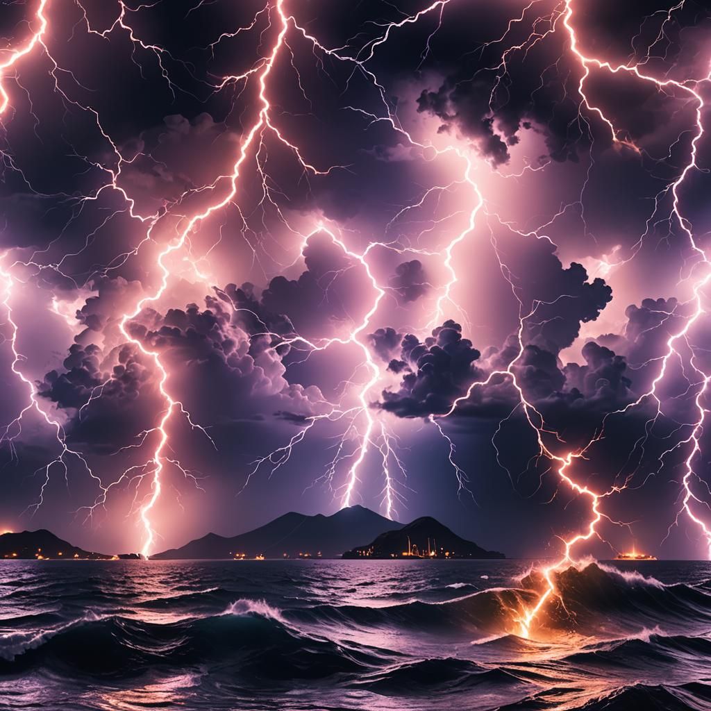 Neon Lightning Strikes Ocean at Night