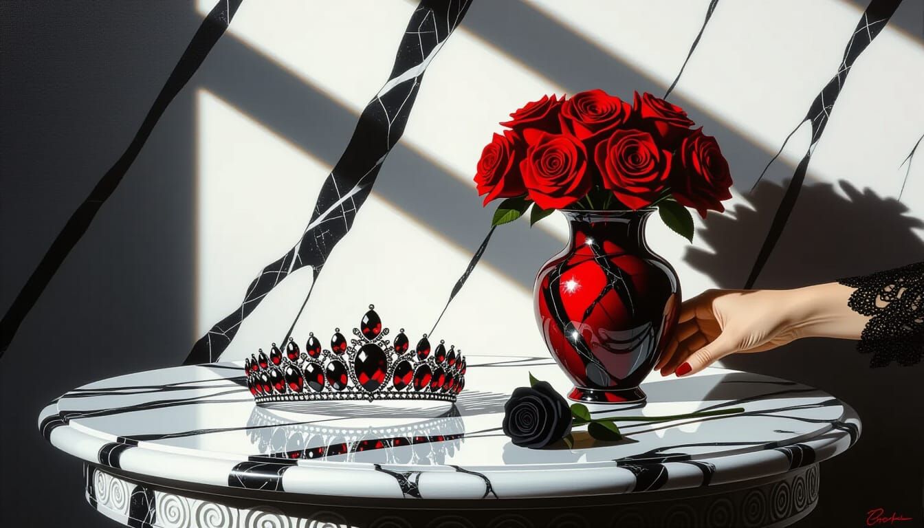Black and Red Gem Tiara on Marble Table with Reaching Hand