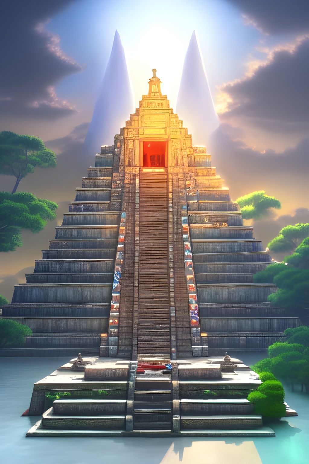 Colourful Aztec Temple in Floral Landscape