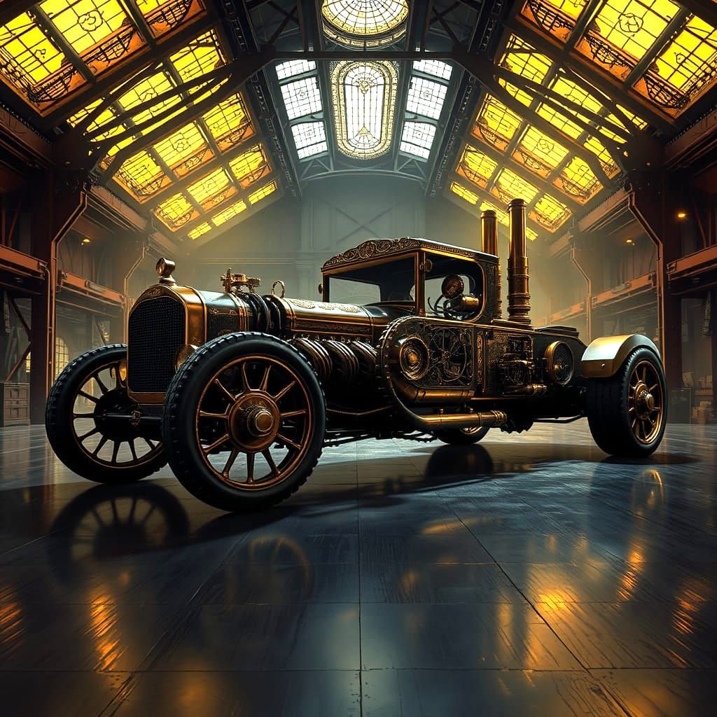 A stunning steampunk car with intricate brass details, large smokestacks, and oversized wheels, set in a grand, industri...