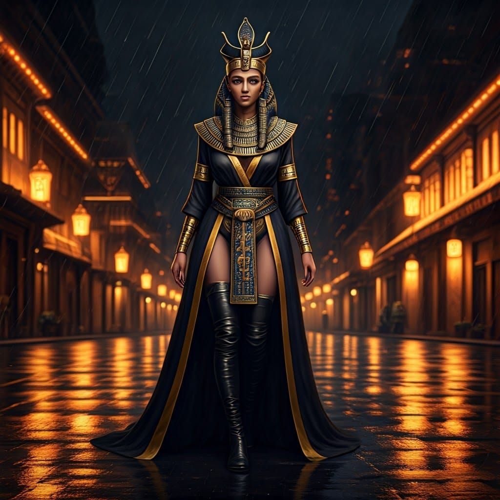 Nefertiti in Kimono Walks Rainy Street: Hyperrealistic Art