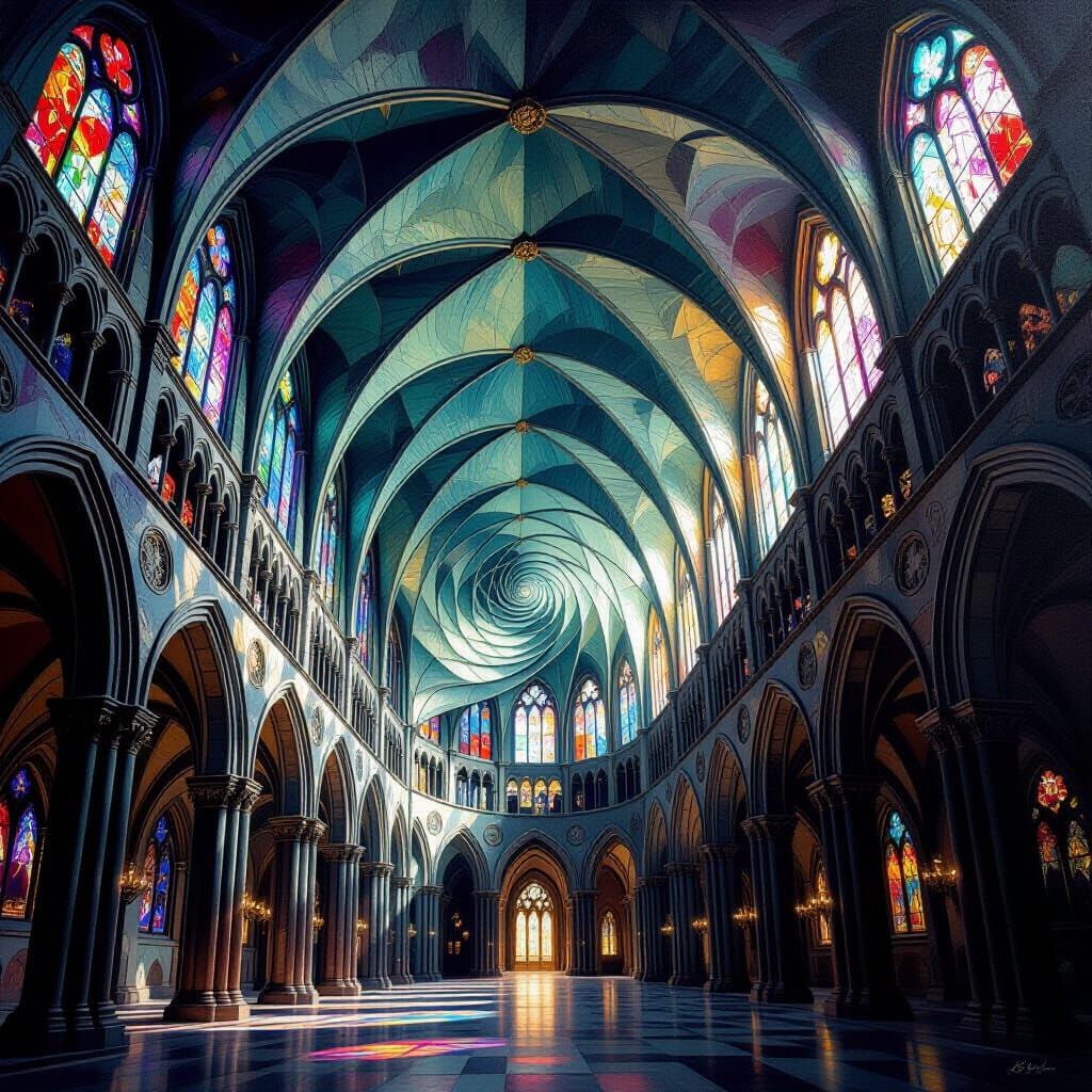 Surreal Gothic Cathedral Interior in Oil Painting Style