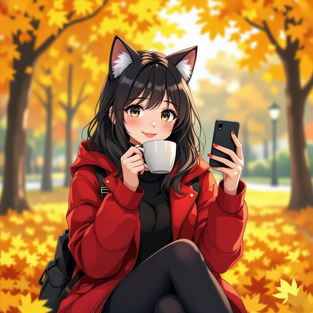 Anime Woman with Cat Ears in Autumn Park