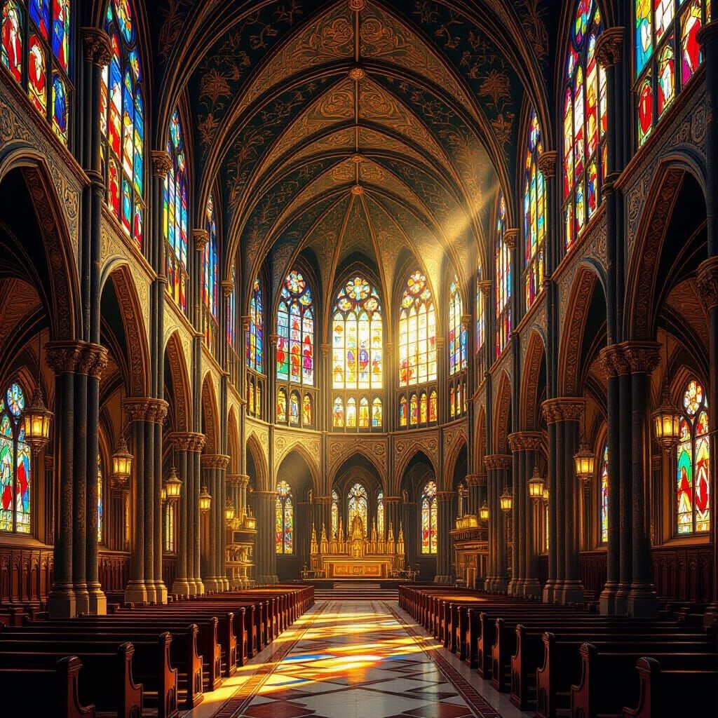 Cathedral Interior with Stained Glass in Art Nouveau Style