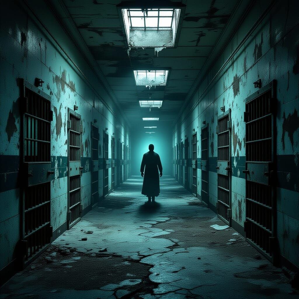 Haunting Prison Corridor with Ghostly Figure
