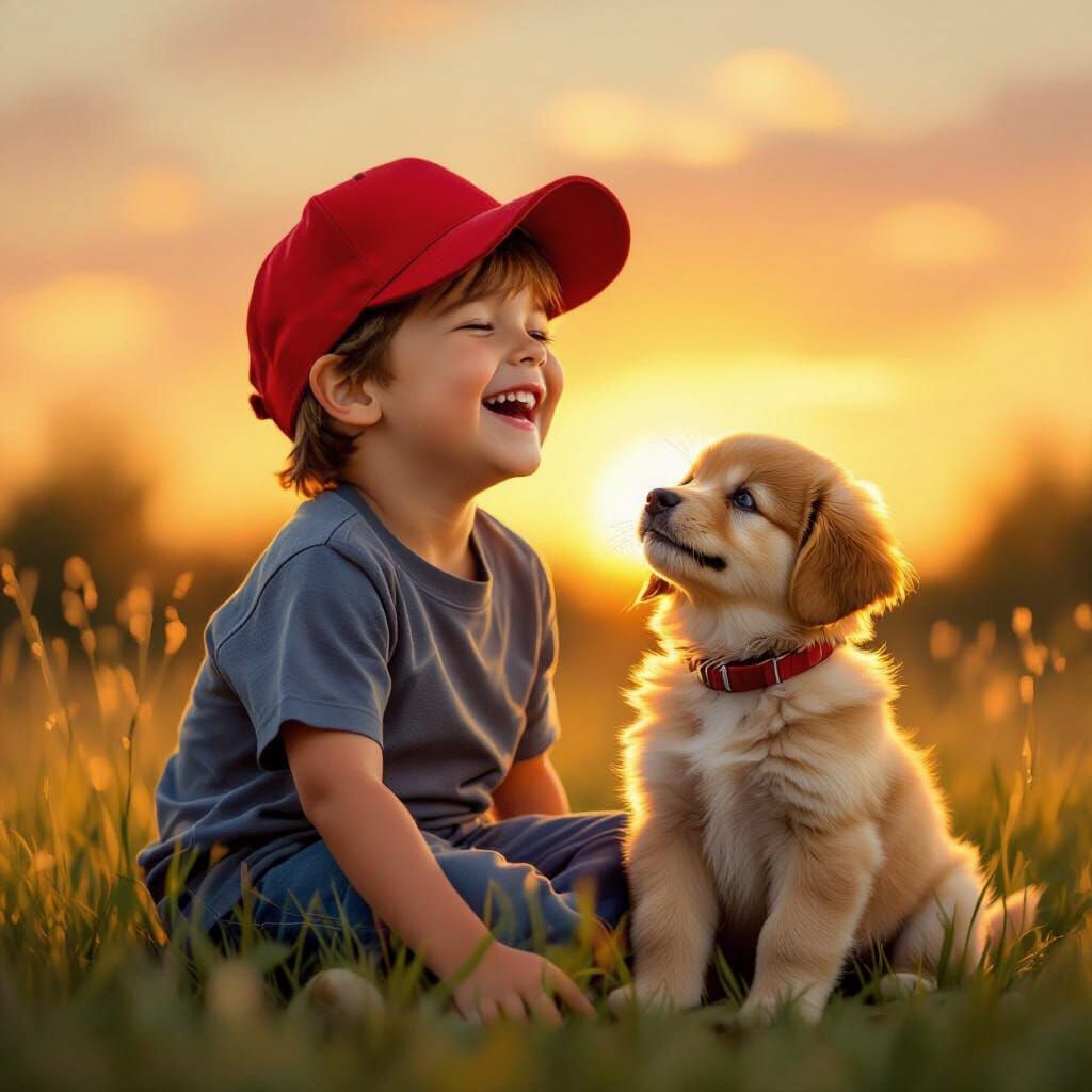 Boy and Puppy Share Joyful Sunset Moment