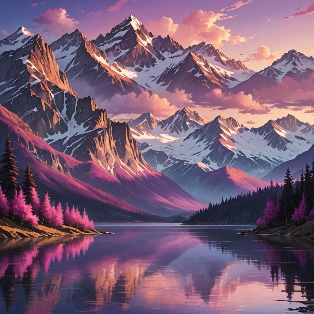 Vibrant Mountain Lake Sunset in Digital Landscape