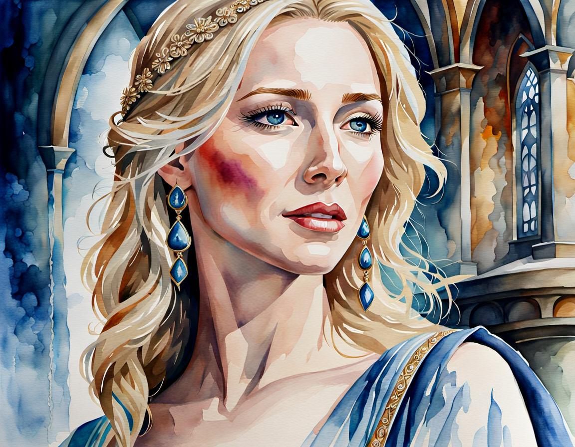 Galadriel in Elf Castle: Watercolor Painting