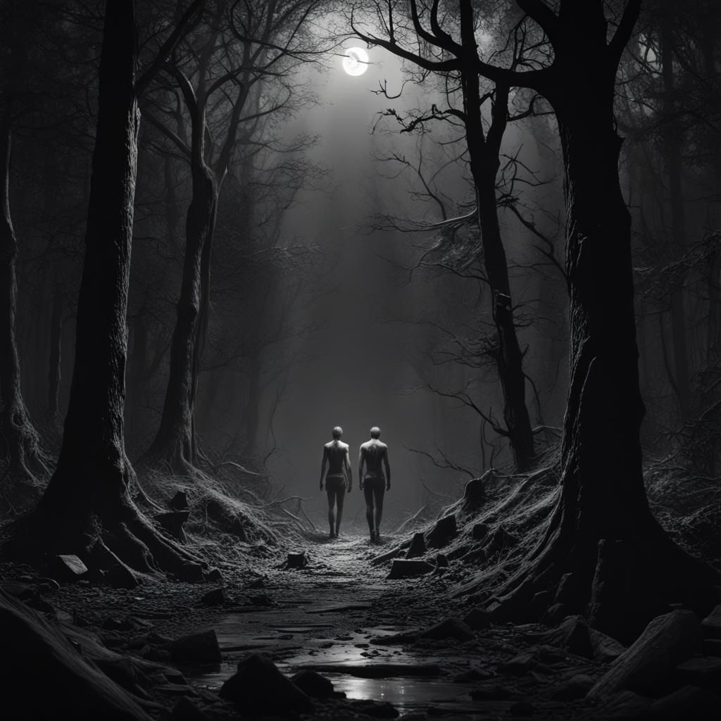 Eerie Forest Encounter in Black and White