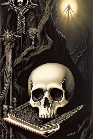 Gothic Skull, Snakes, and Rose Illustration