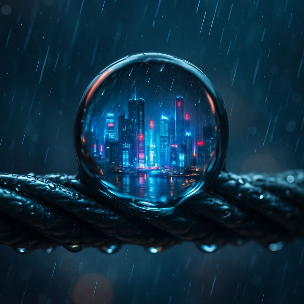 Cyberpunk City Reflected in Raindrop: Macro Photograph