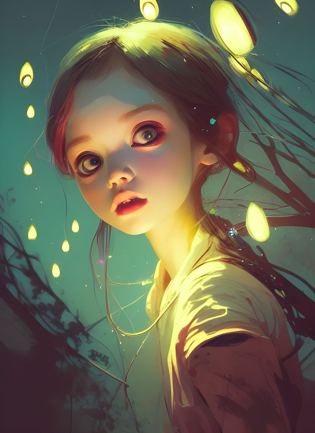 Cute Girl Portrait with Fireflies: Digital Illustration