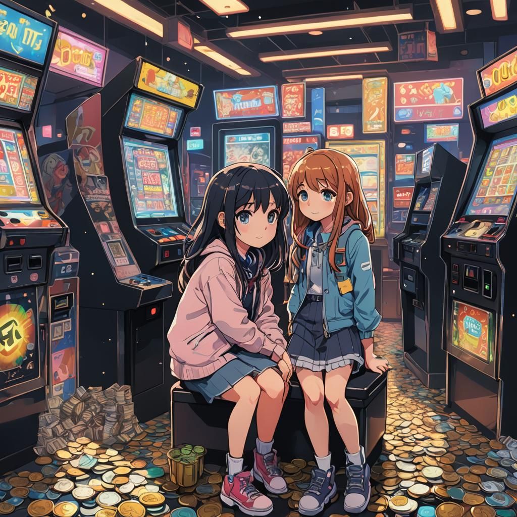 Anime Girl at Arcade Machine in Manga Style