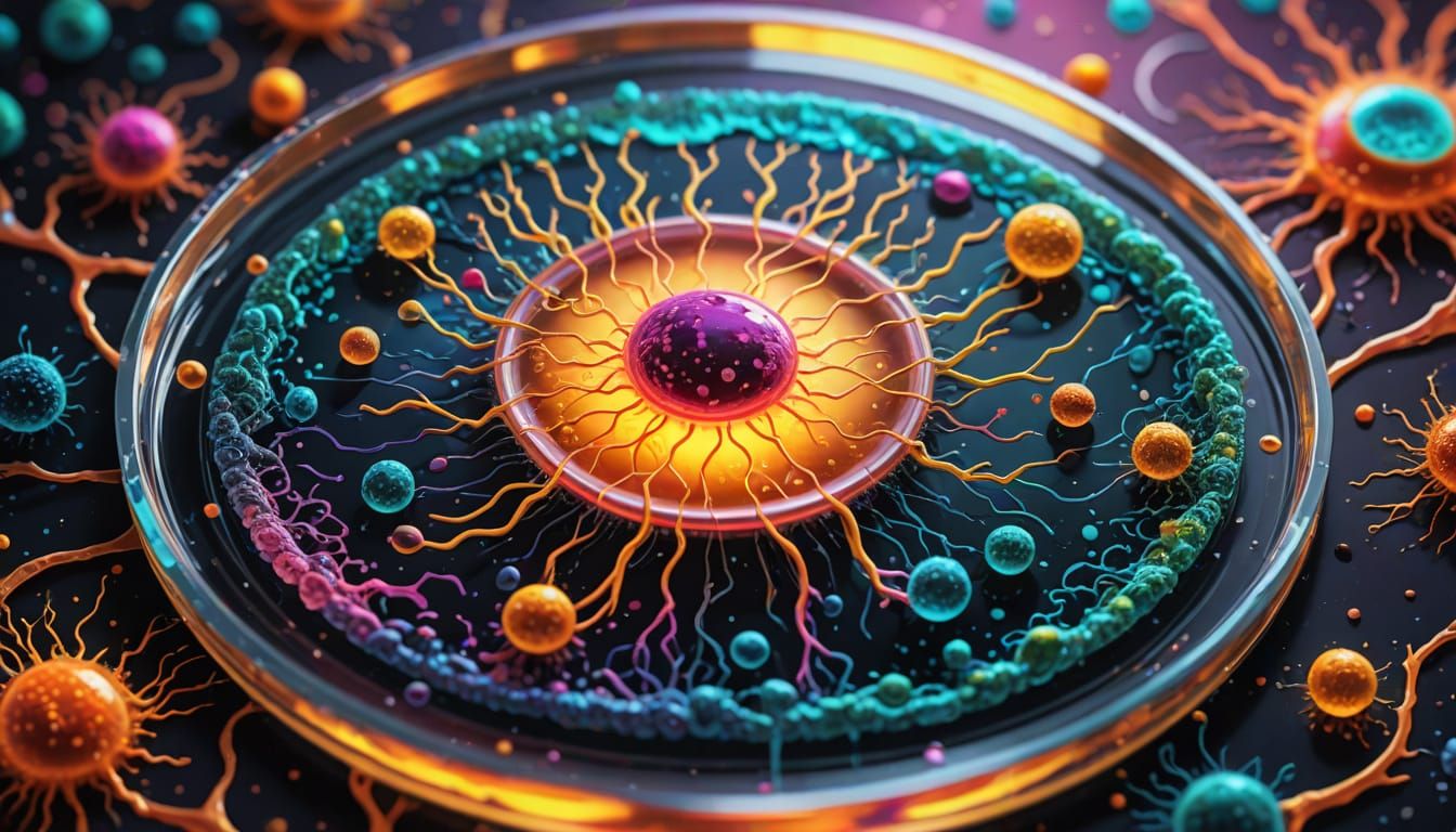 Cell Division in Petri Dish: Sci-Fi Illustration