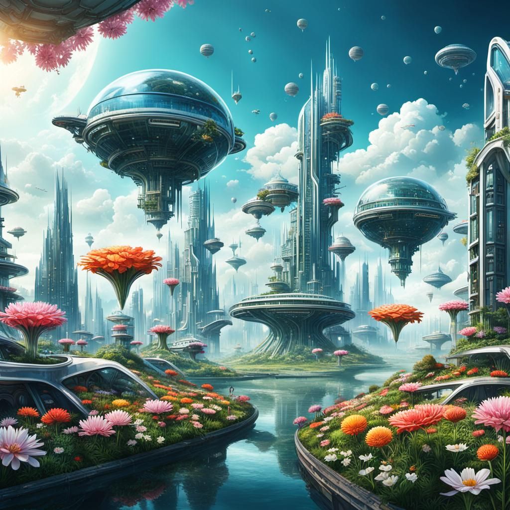 Futuristic Cityscape with Flying Cars and Giant Flowers