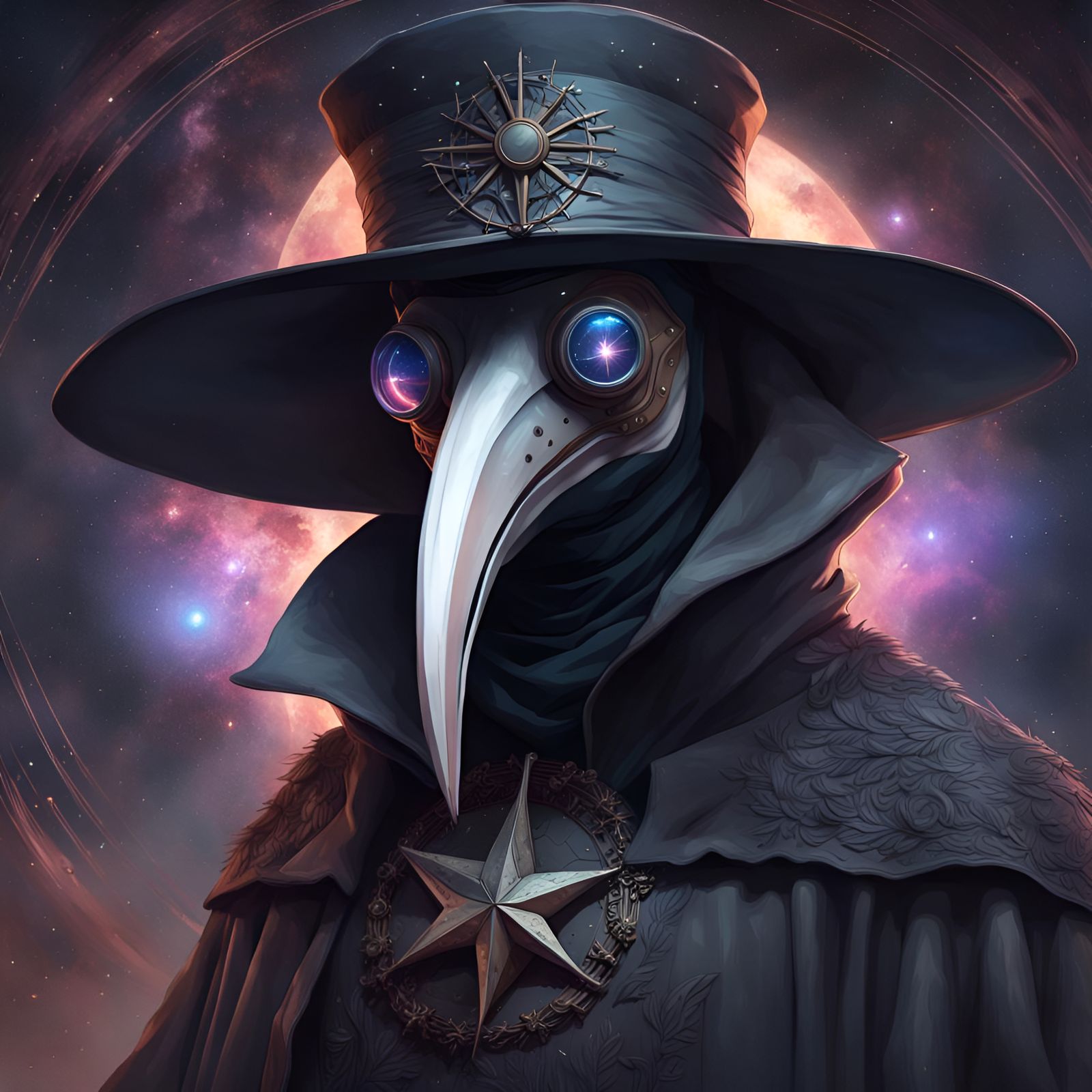 Intricate Plague Doctor in Starry Night Sky