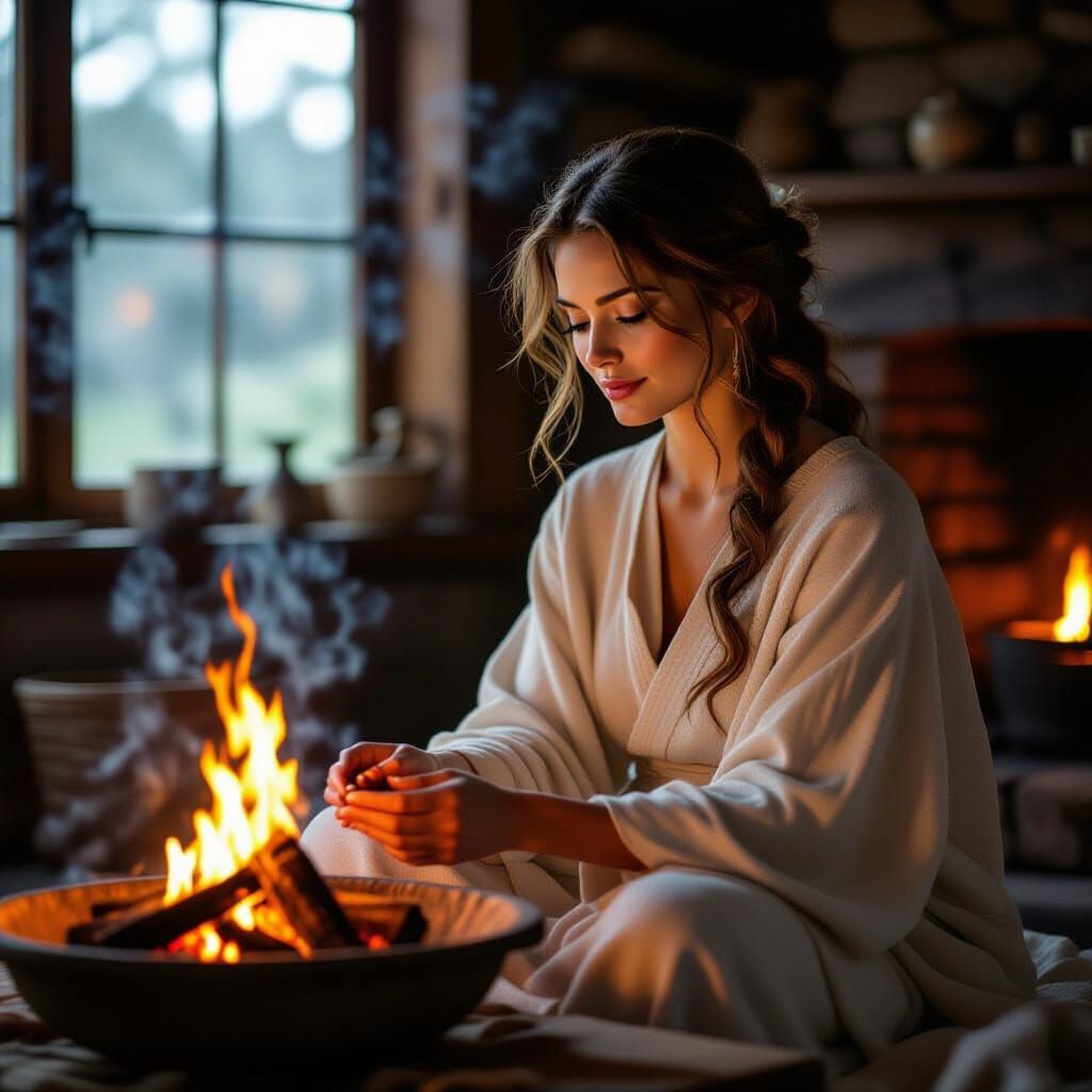 Hestia Tending Eternal Flame by Hearth