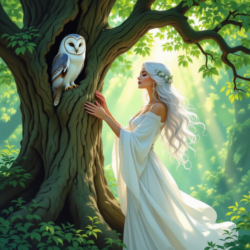 Ethereal Woman Touches Ancient Tree in Mystical Forest