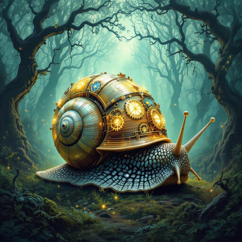 Bioluminescent Snail in Dreamlike Steampunk Forest