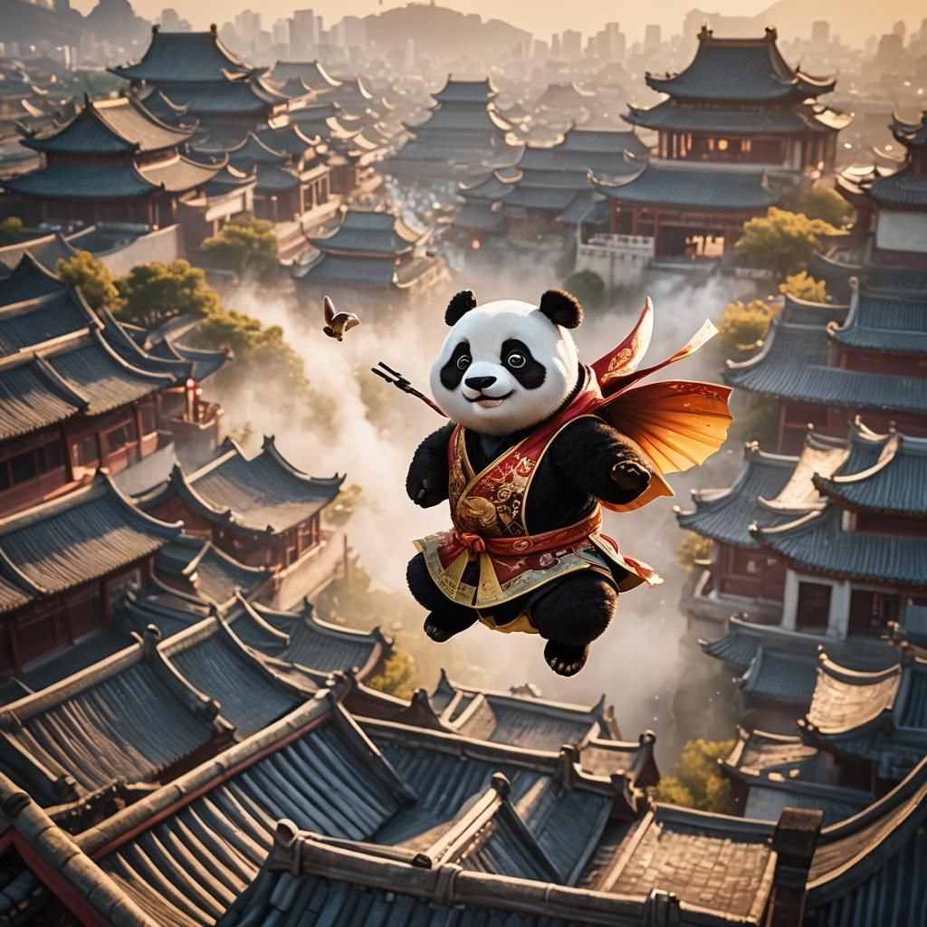 Flying Panda Bard Above Ancient Chinese Rooftops
