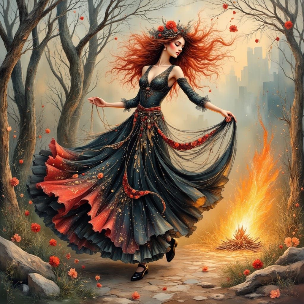 Vibrant Gypsy Dancer in Mucha Style