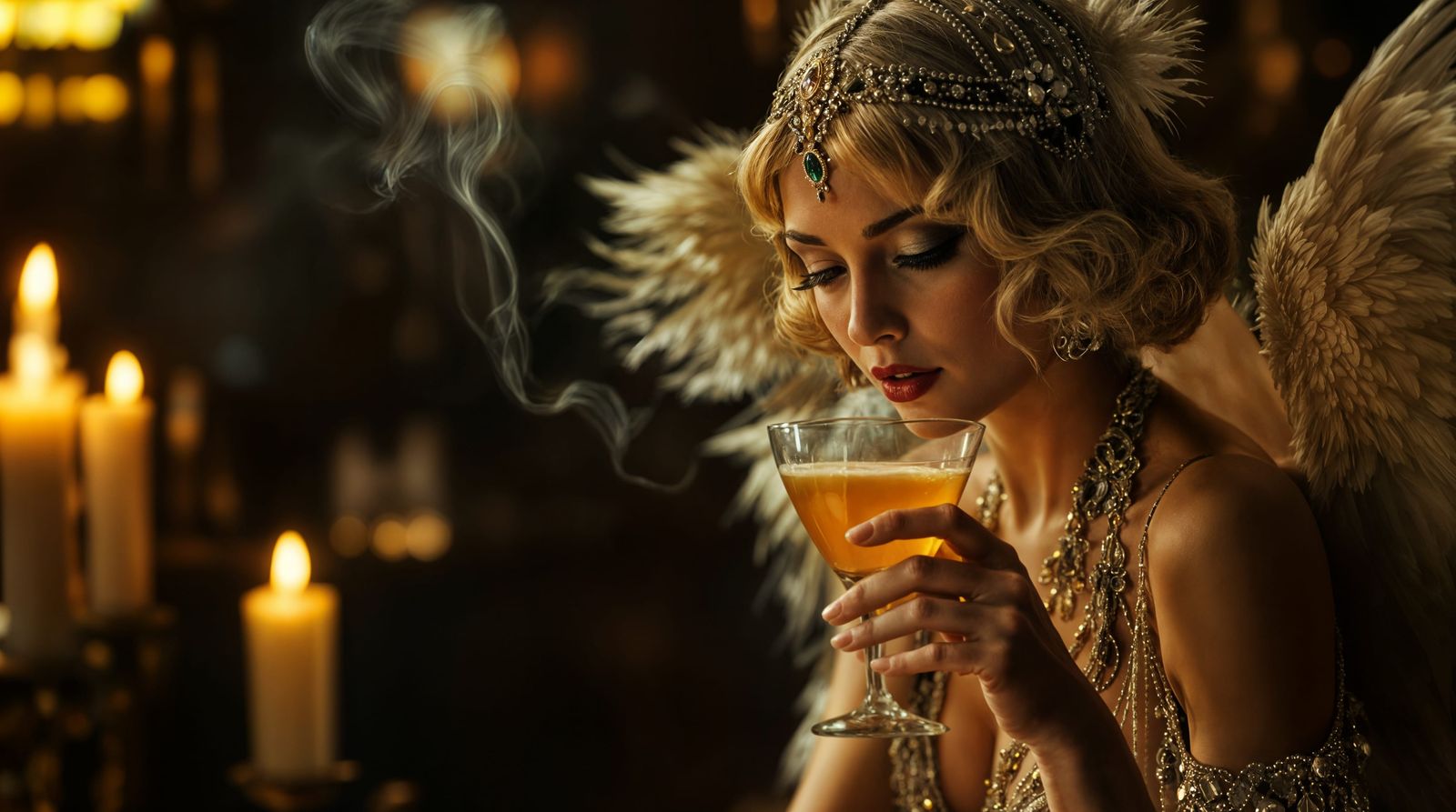 Vintage Flapper Sipping Cocktails in a Roaring 20's Speakeas...