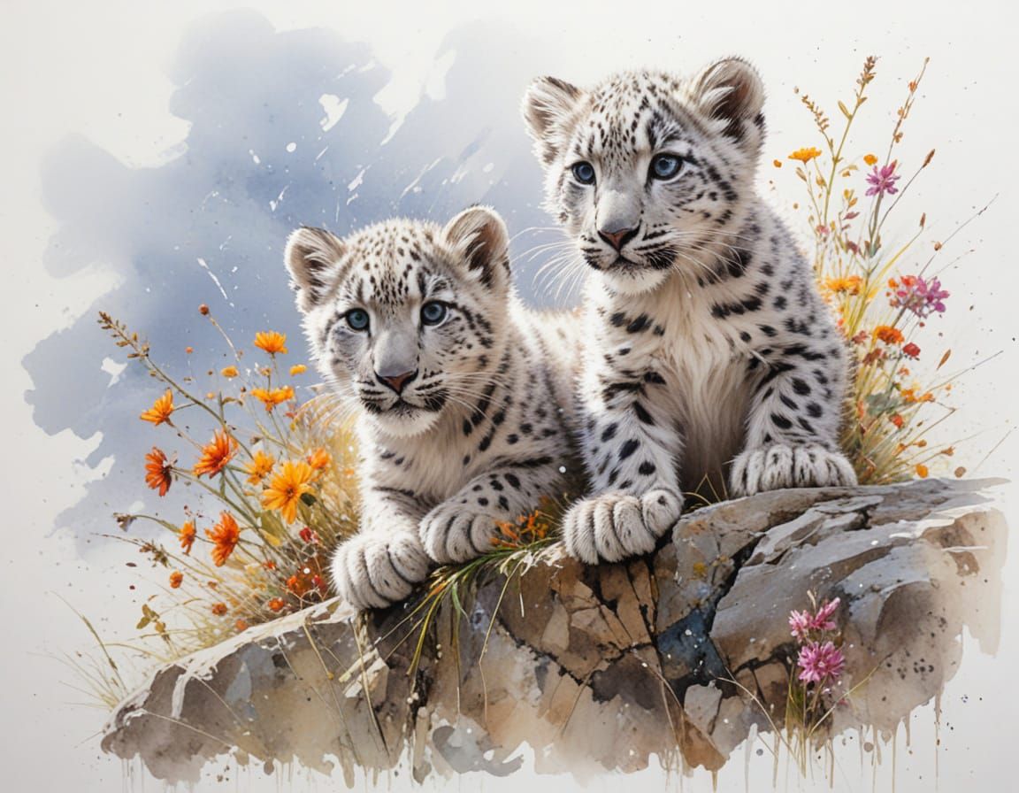 Playful Snow Leopard Cub on Snowy Ledge with Wildflowers