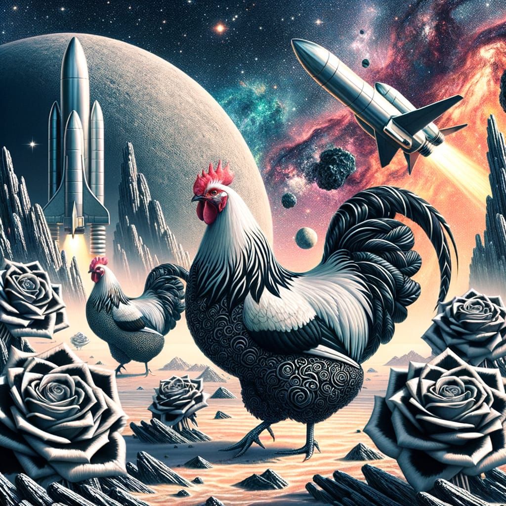 Giant Chickens on Alien Planet with Chrome Rocket