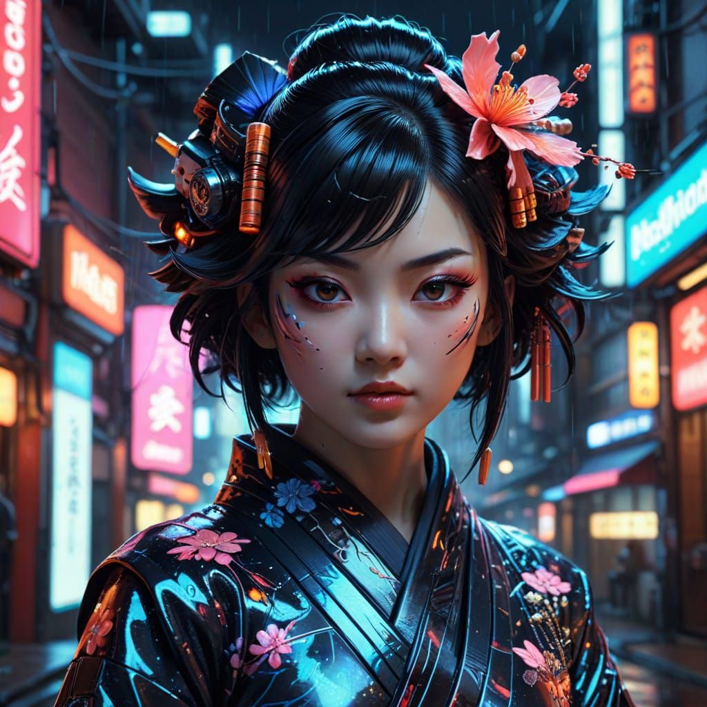 Cyberpunk Geisha Portrait with Neon Kanzashi