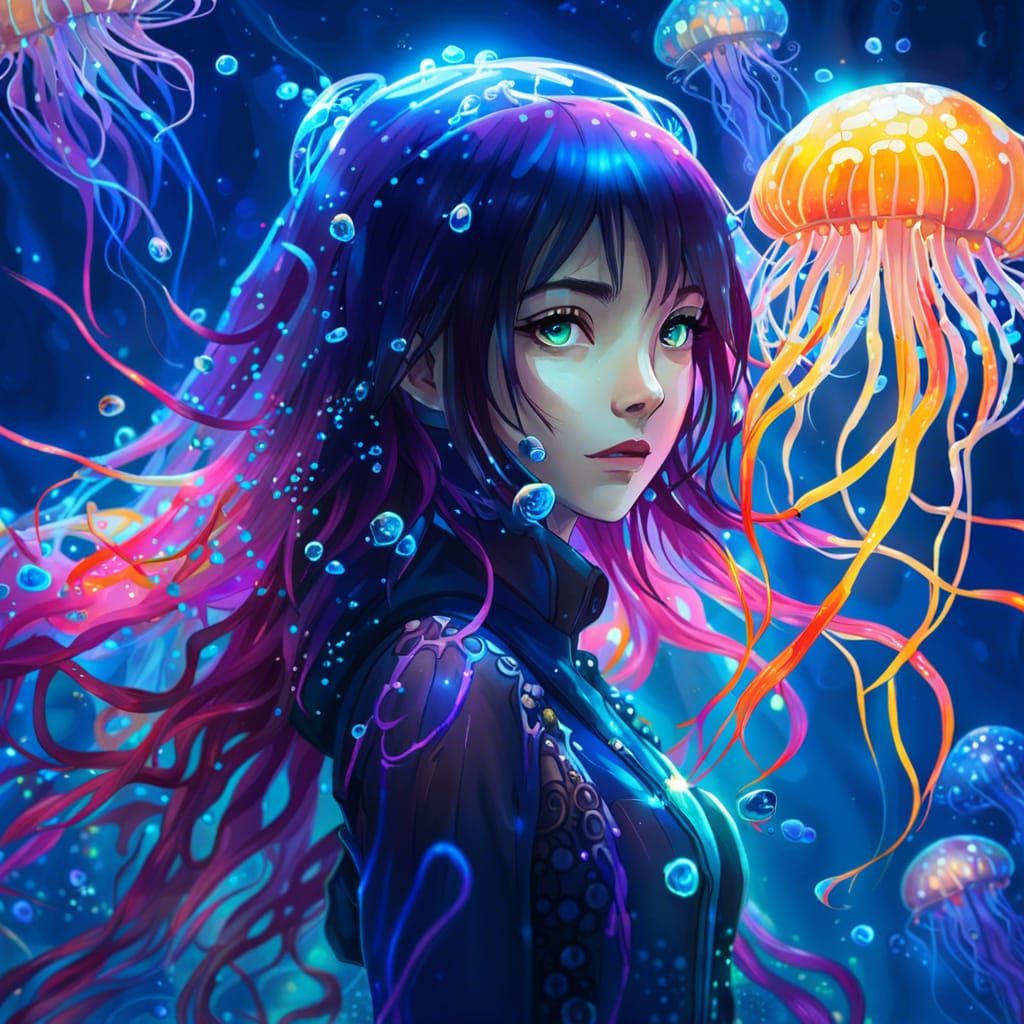 Bioluminescent Jellyfish Alien Hybrid in Anime Style