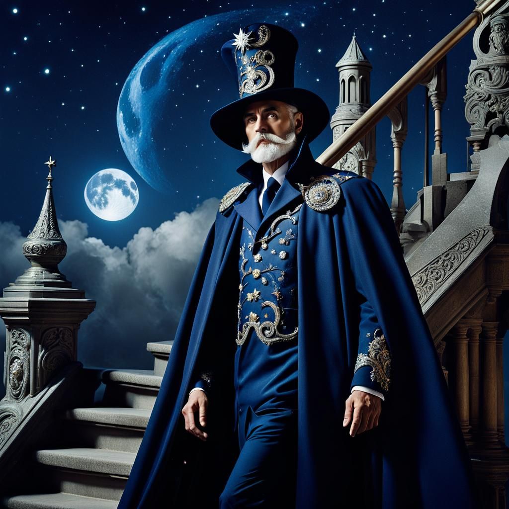 Merlin in Elaborate Navy Suit with Electrical Sparkles