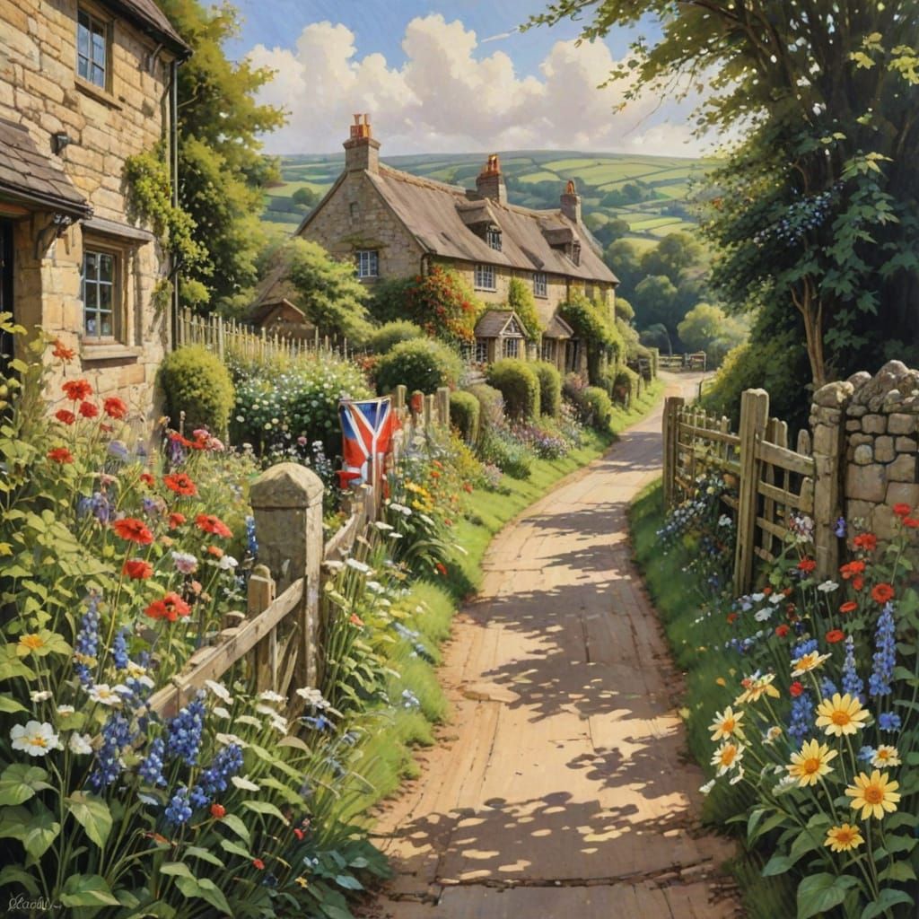 Idyllic British Countryside Scene in Oil Painting Style