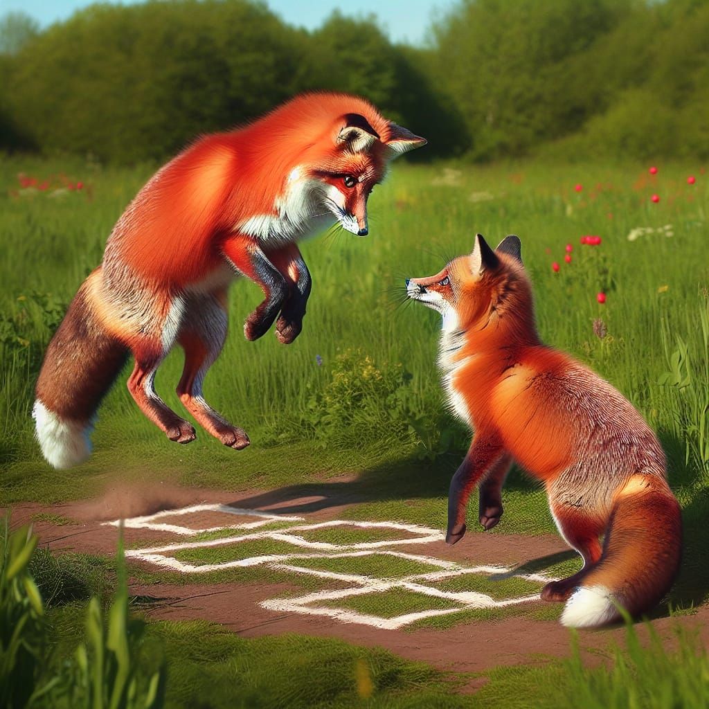 Foxes Play Hopscotch in a Meadow