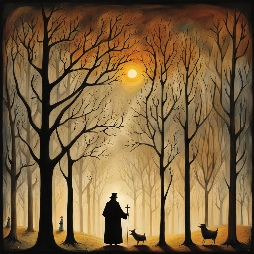 Priest in Scottish Hamlet, Illustrative Art Style