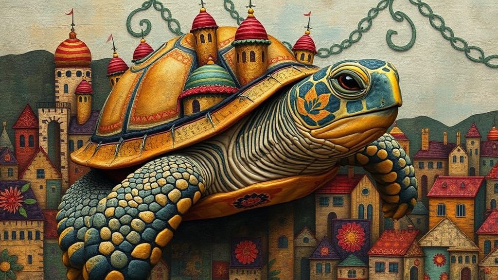 Vibrant Turtle City in Textile Art Style