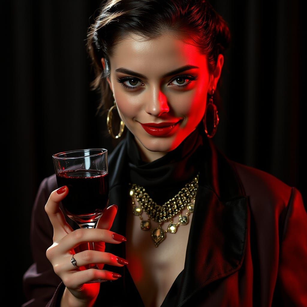 Haute Couture Vampire Woman Holding Blood Glass