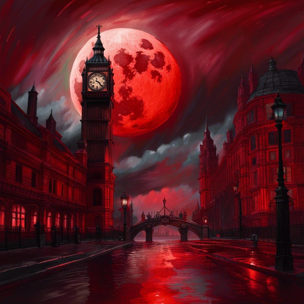 Gothic Victorian London, A Red moon on a blood red sky,