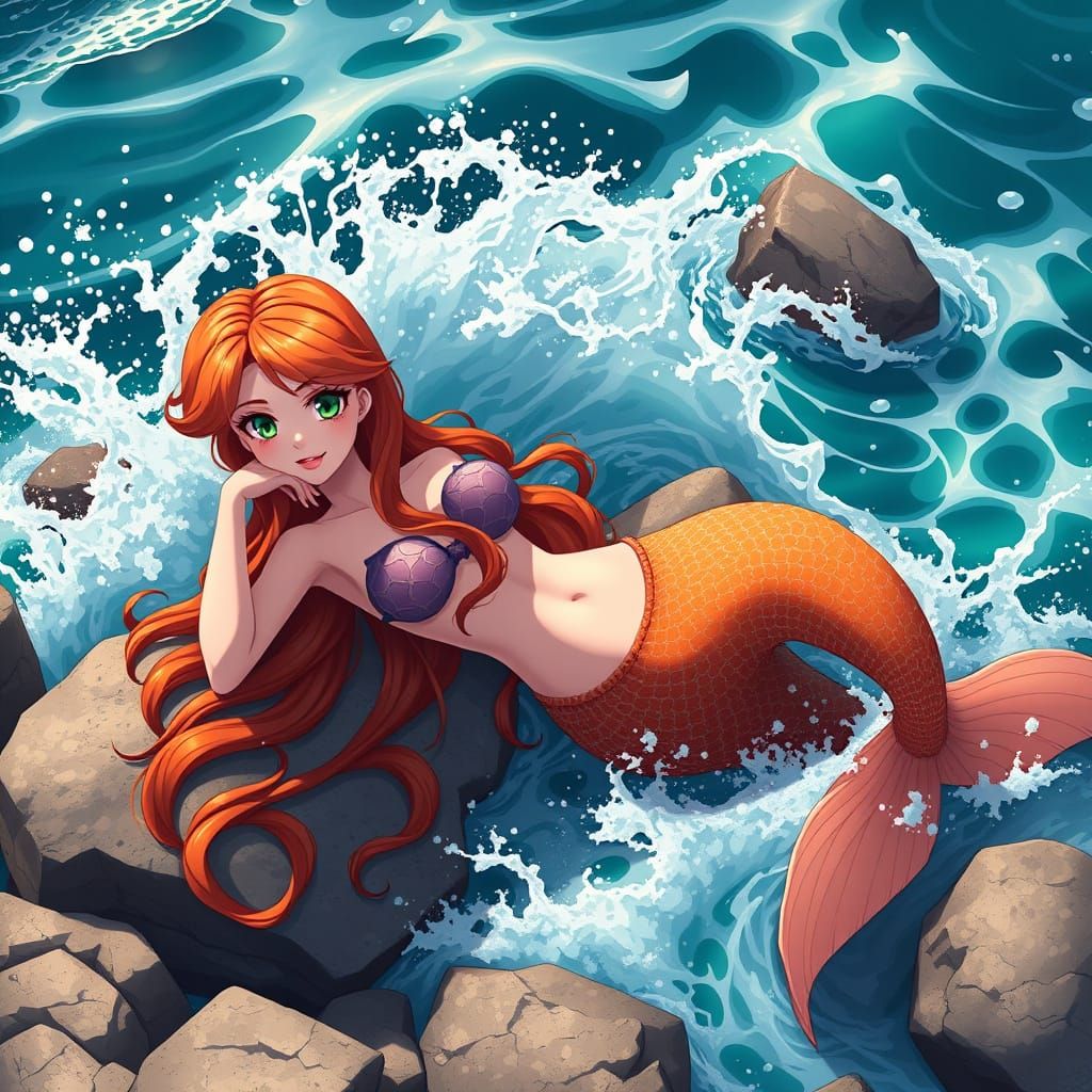 Redhead Mermaid Sunning Herself in Anime Style
