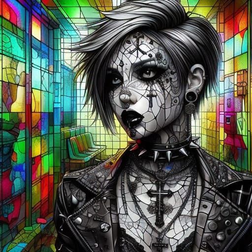 Vibrant Punk-Goth Woman in Grungy Subway Bathroom