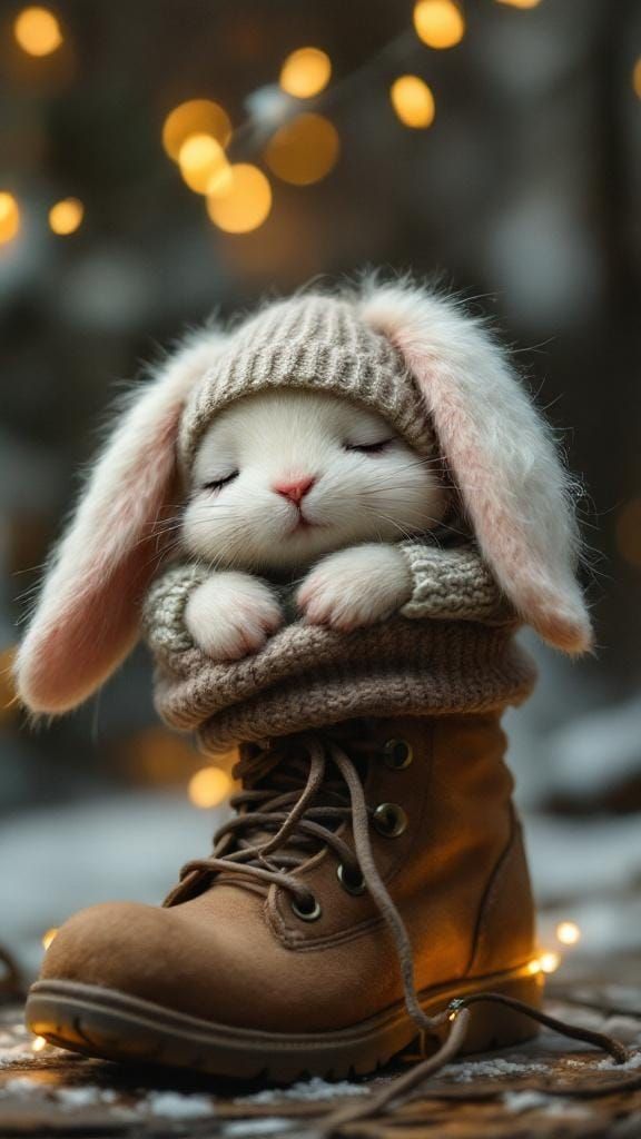 Cute Felted Bunny Sleeping in Boot, Illustrative Style