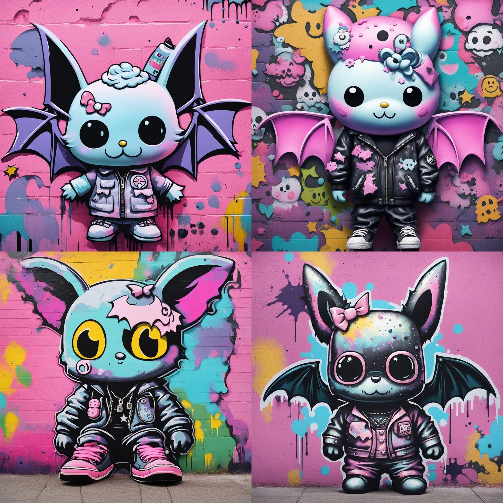 Pastel Goth Sanrio Bat Mural in Urban Style